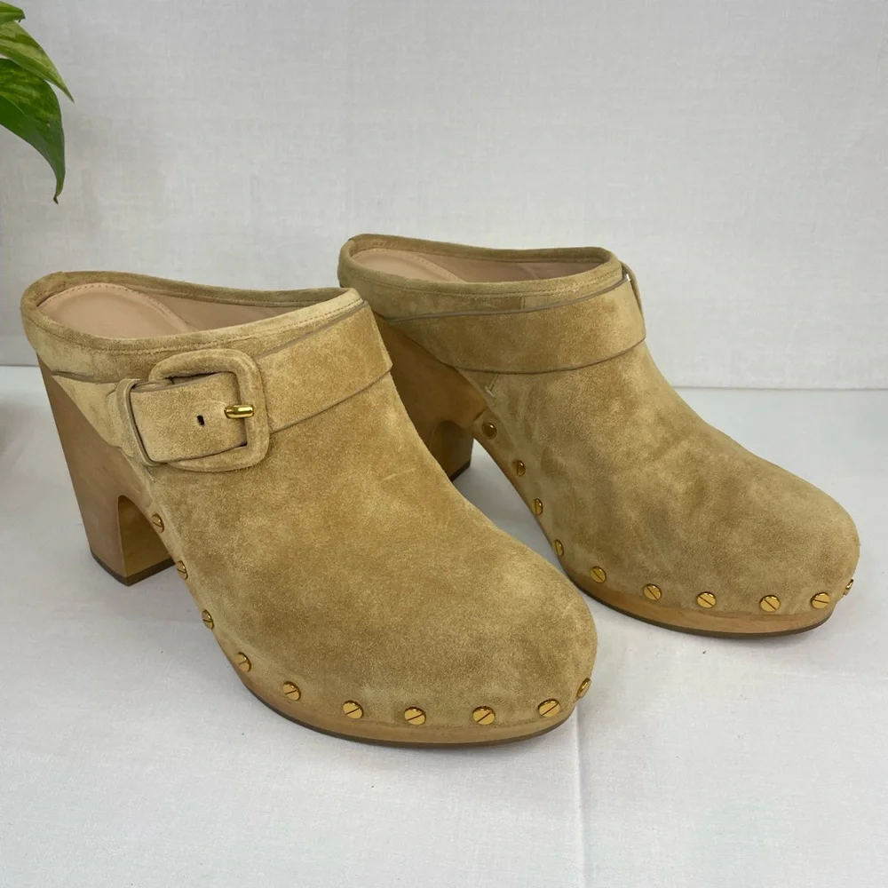 Veronica Beard Dacey Suede Studded Block Clogs in sand sz 10 M (F 655) - Picture 9 of 16